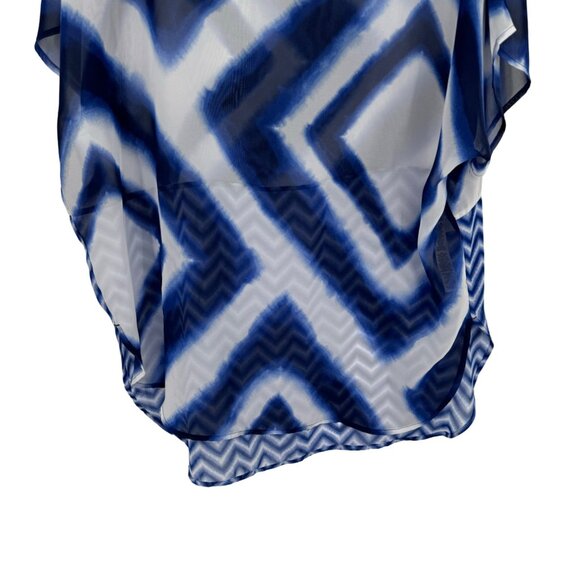 Chico's 2 Women's semi Sheer Blue White Geometric Print Tunic Top Size large - Picture 4 of 9